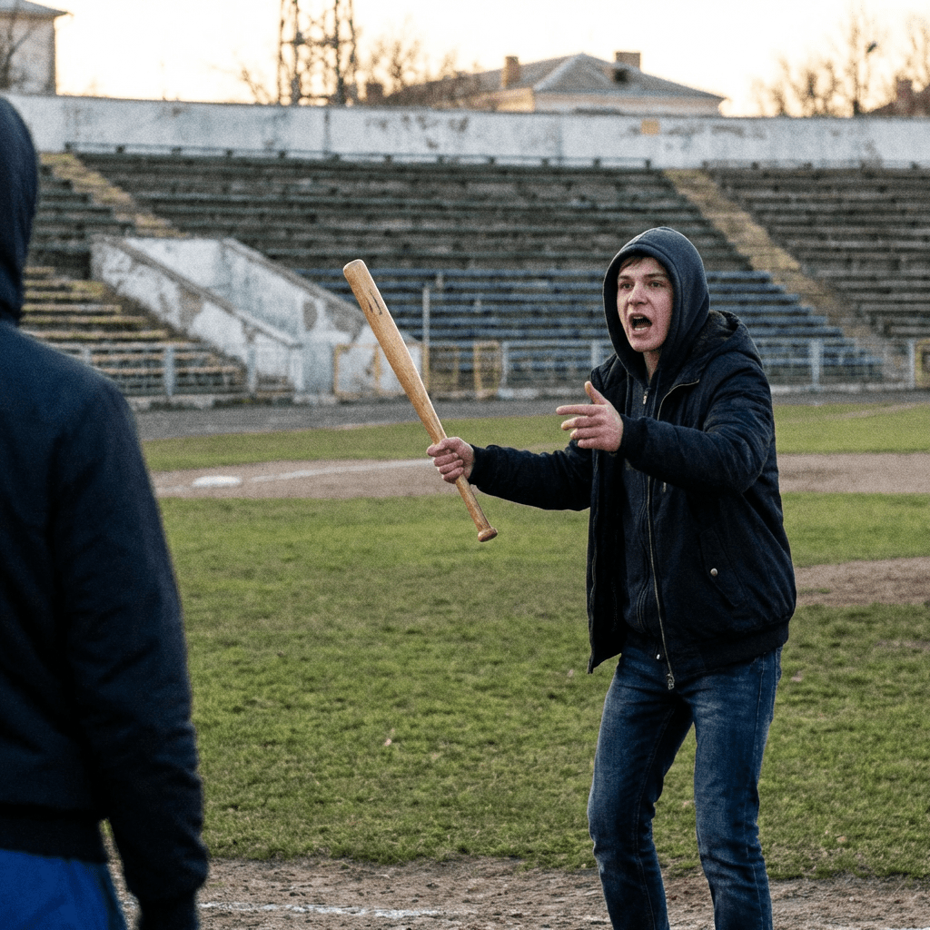 A young man in a hoodie shouts while holding a wooden baseball bat outdoors.