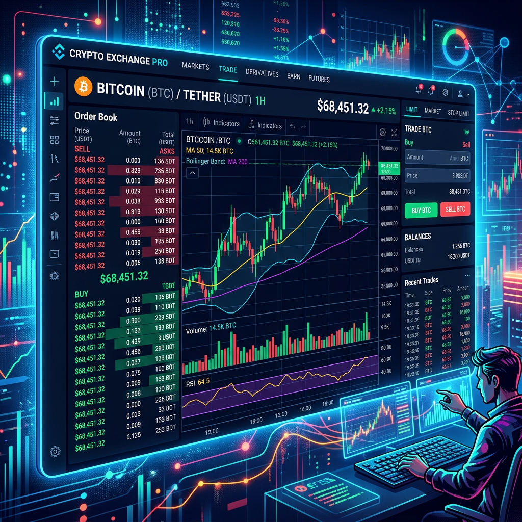 Cryptocurrency trading interface showing Bitcoin and Tether prices with charts and order book.