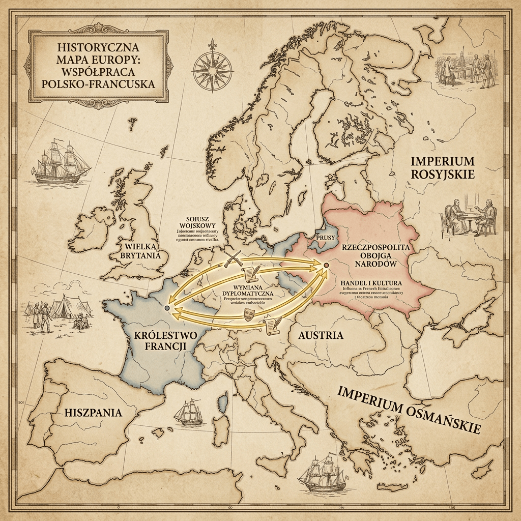 Historic map of Europe showing Polish-French relations with arrows indicating diplomatic exchange
