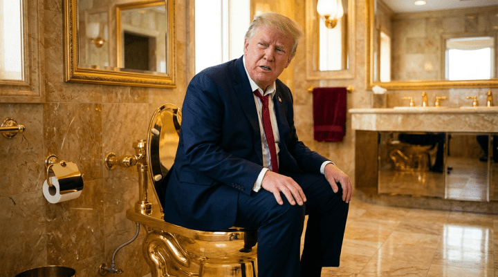 Man in suit sitting on gold toilet in a marble bathroom