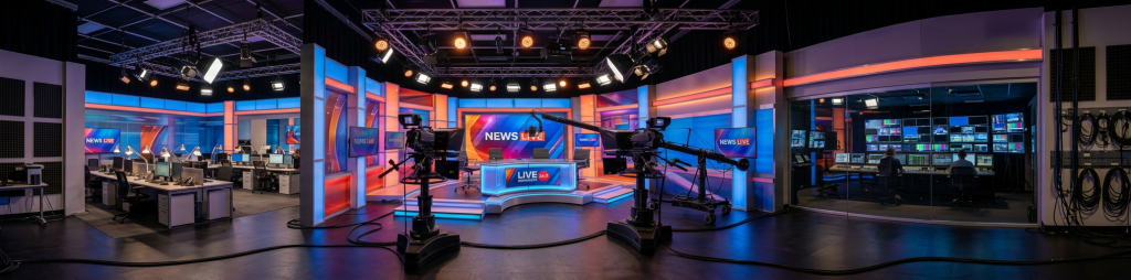 Television news studio set with cameras, lighting, and NEWS LIVE displays