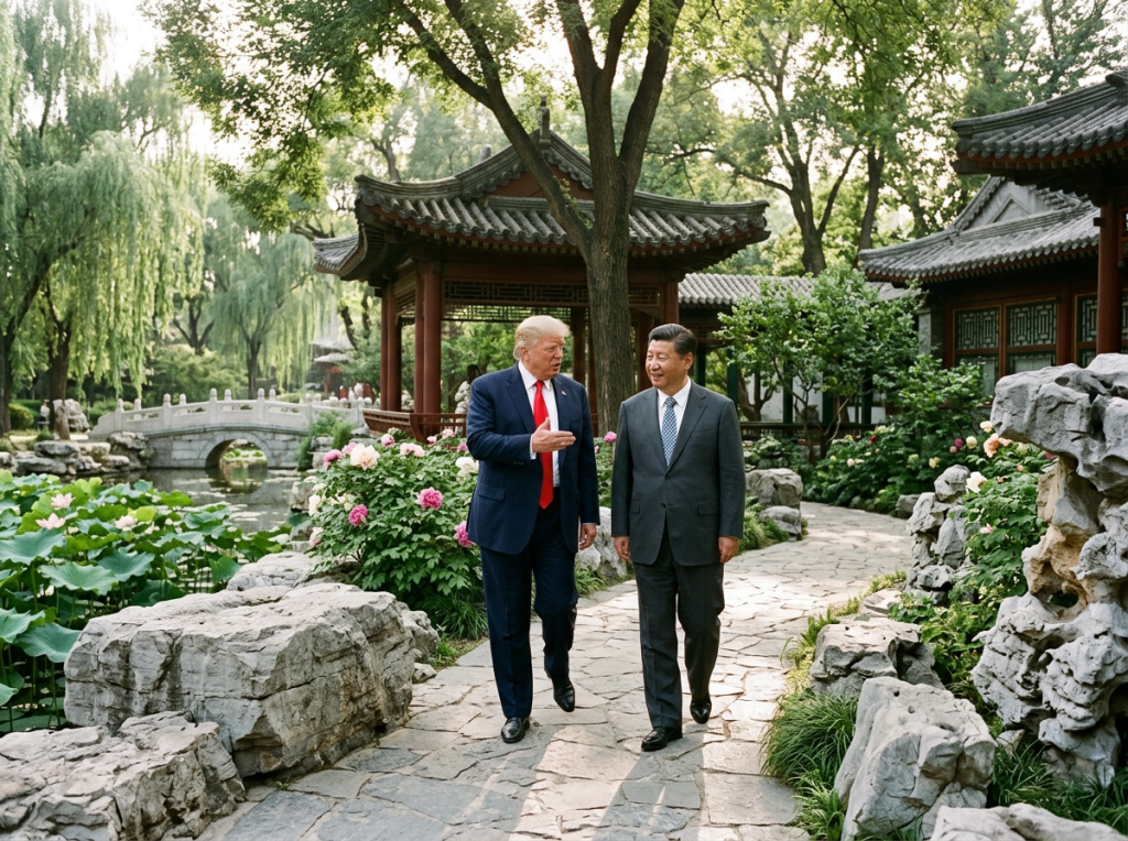 Two men in suits walking and talking on a stone path in a Chinese garden with traditional architecture and greenery.