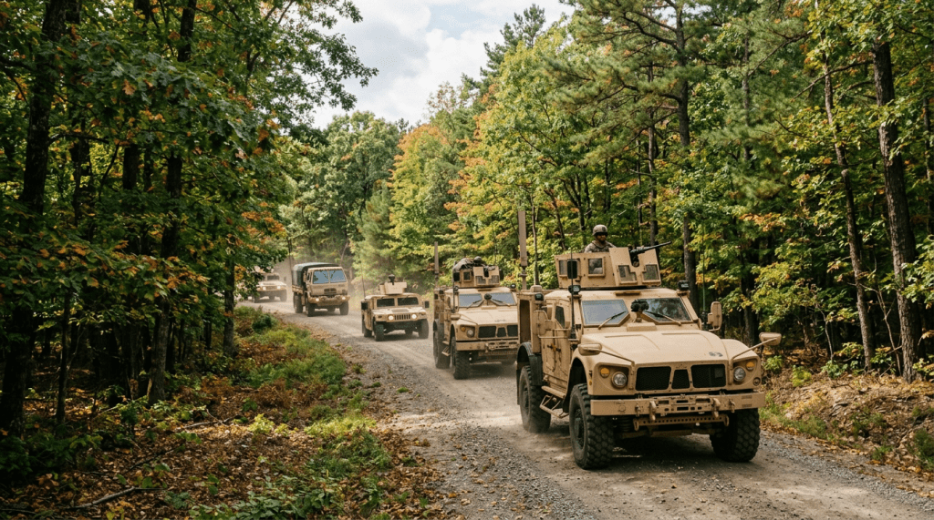 Convoy of tan military vehicles traveling on a dirt road through a forested area