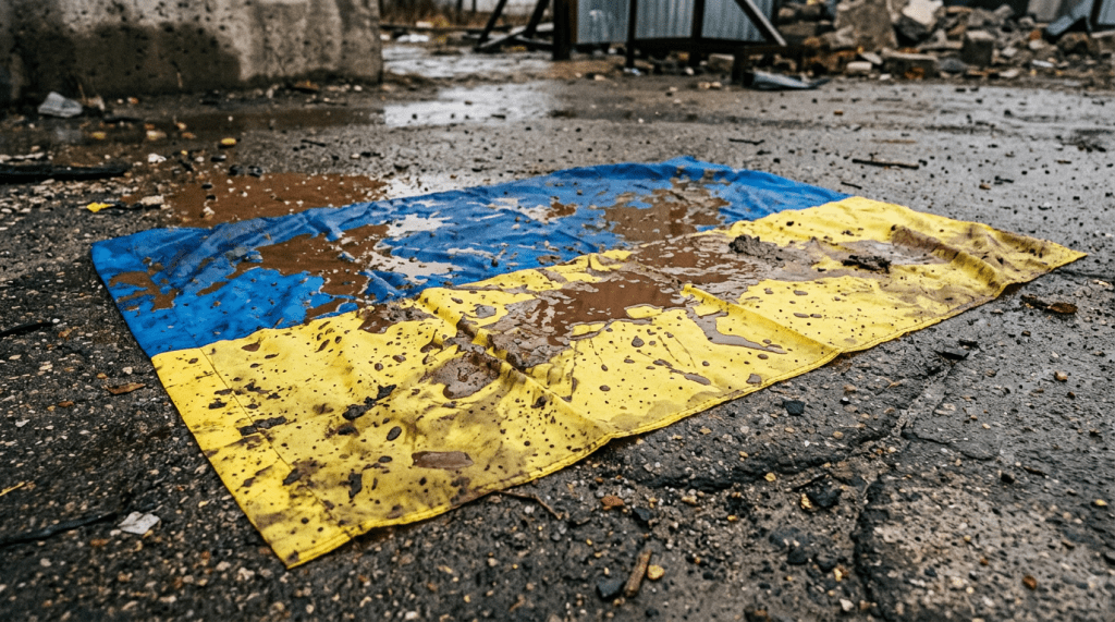 Ukrainian flag stained with mud and water on cracked concrete ground