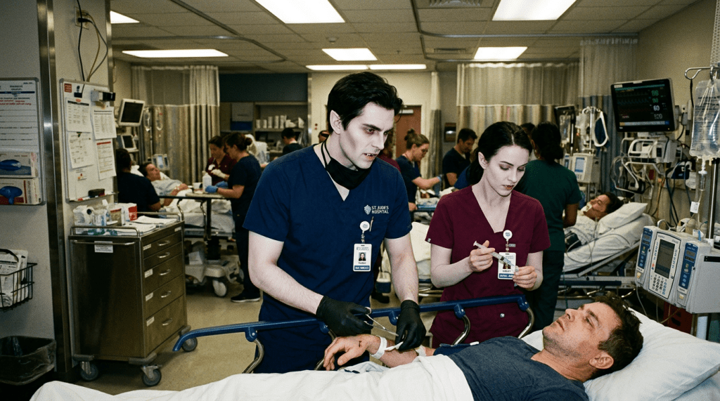 Two healthcare workers treating a patient on a stretcher in an emergency room.