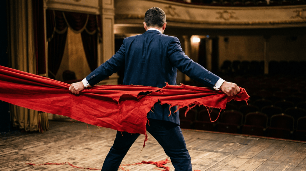 Man in blue suit holding torn red stage curtain open on theater stage