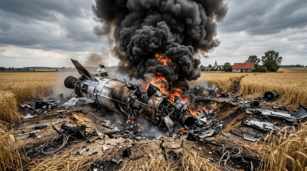 Burning missile wreckage with thick black smoke in desert