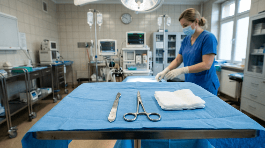 Masked healthcare worker preparing surgical instruments on a sterile draped table