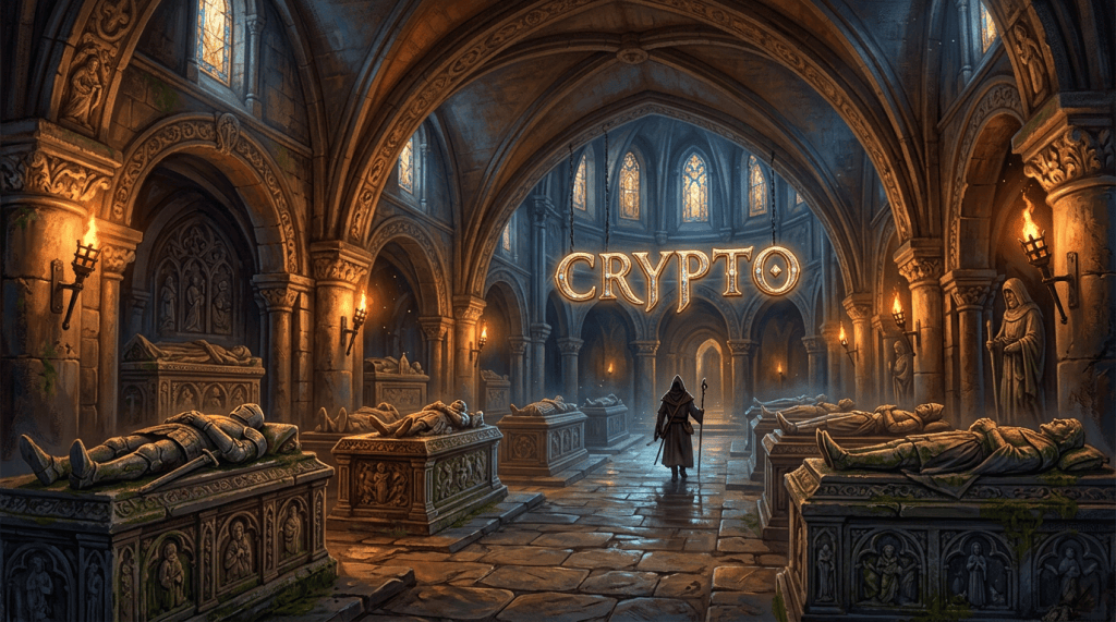 Hooded traveler walking through a Gothic crypt beneath the word CRYPTO