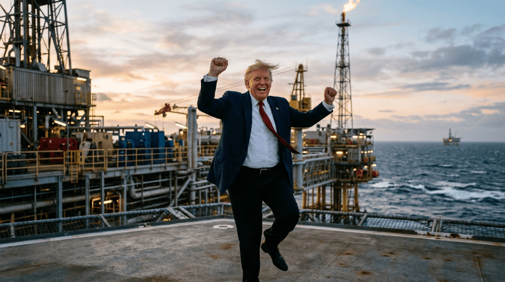 Man in suit raising his fists on an offshore oil platform