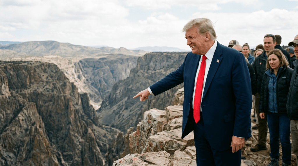 Donald Trump pointing toward a canyon overlook with visitors nearby